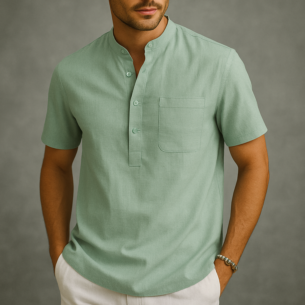 Men's Linen Henley Band Collar Summer Shirt