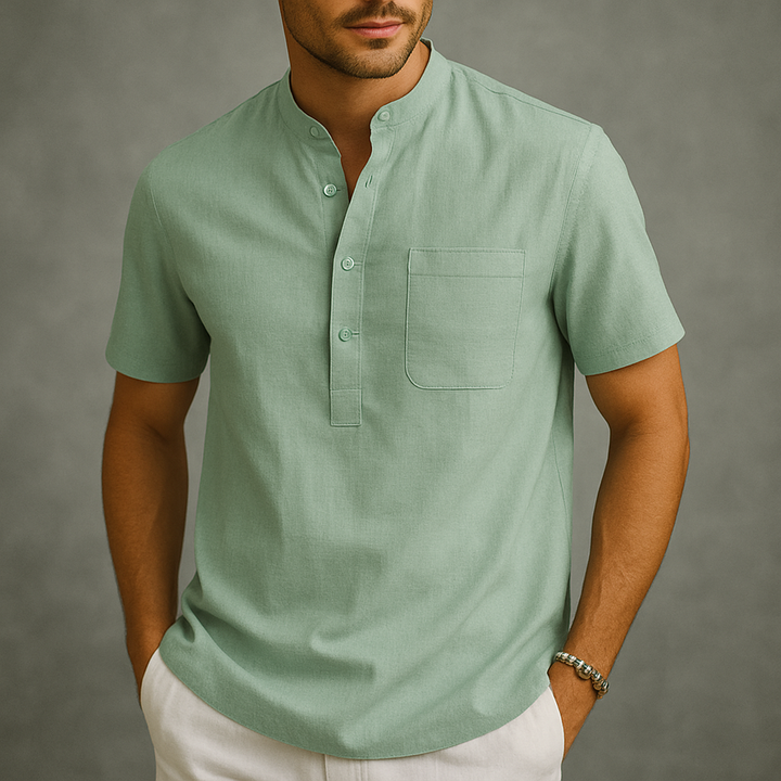 Men's Linen Henley Band Collar Summer Shirt