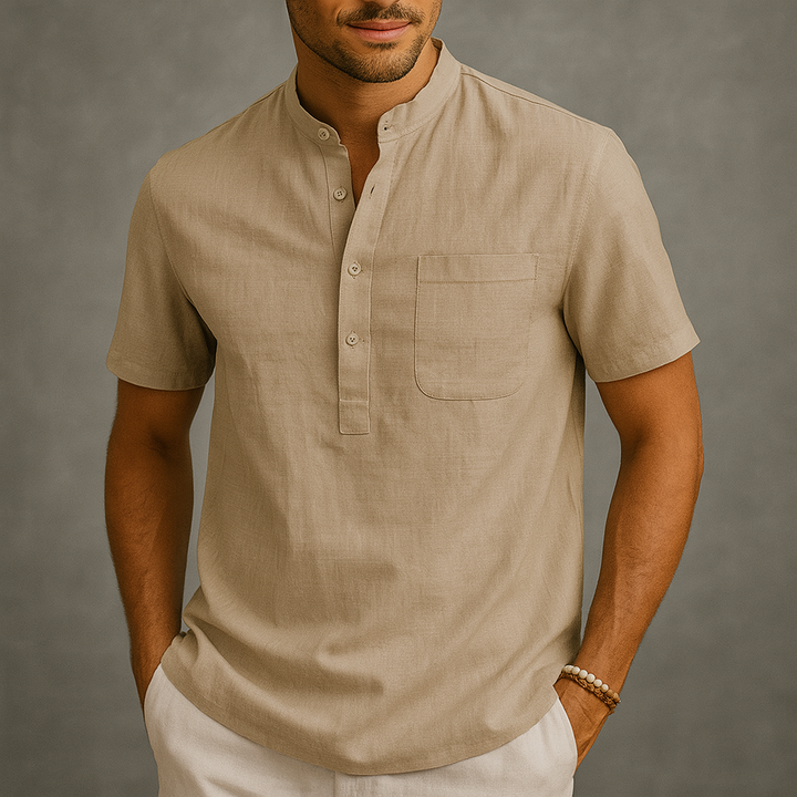 Men's Linen Henley Band Collar Summer Shirt