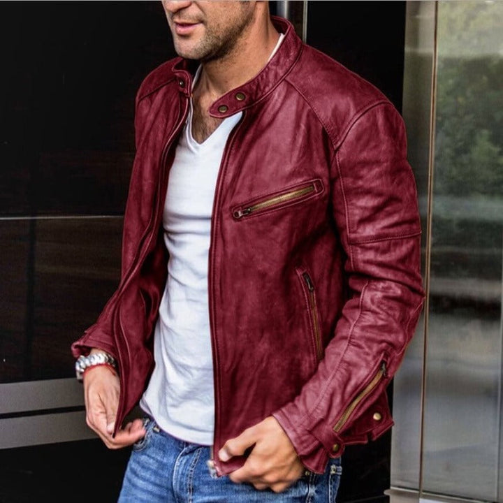 Men's Casual Snap Collar Slim Fit Leather Jacket