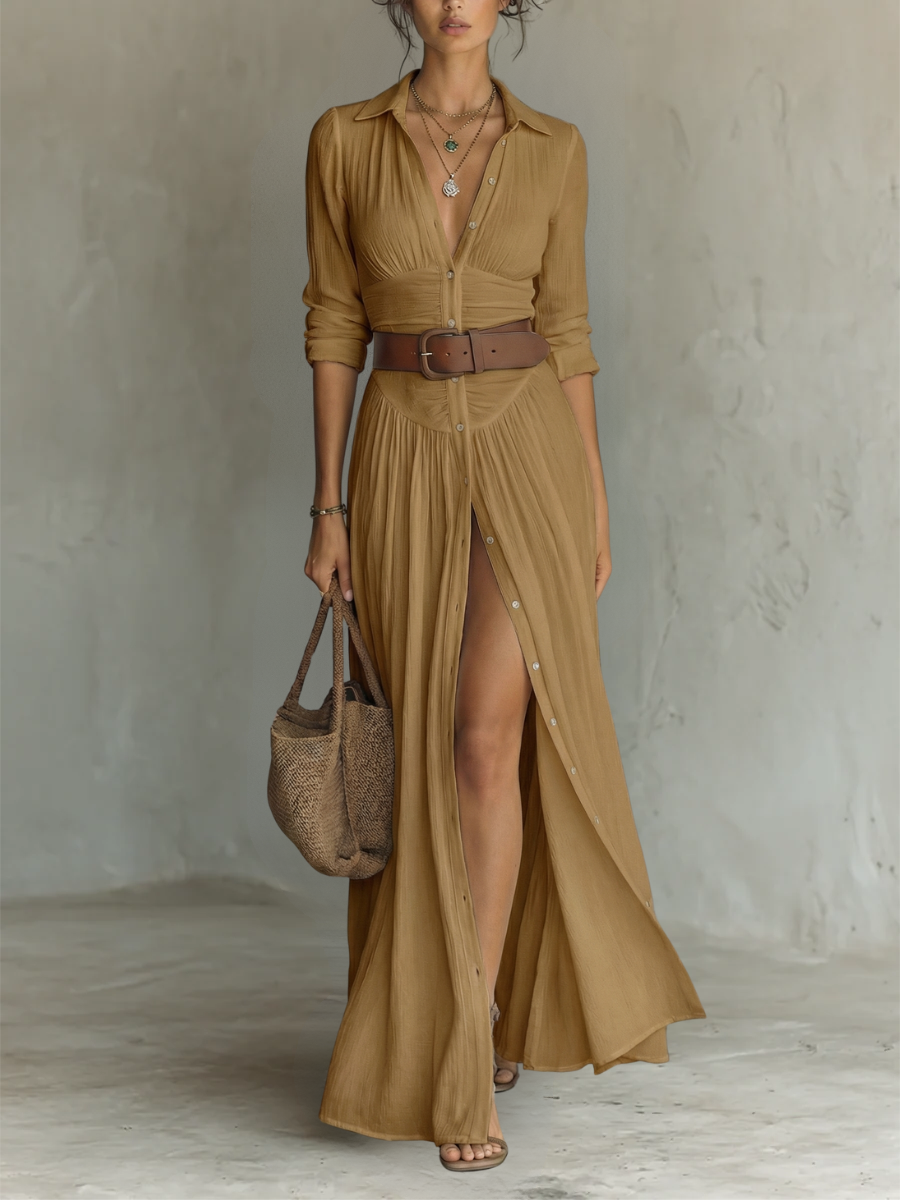 Sophia | Women's Long Linen Maxi Dress with Notched Lapel Collar-Trendy 4 Fit