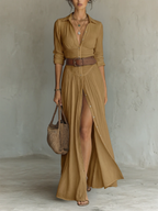 Sophia | Women's Long Linen Maxi Dress with Notched Lapel Collar-Trendy 4 Fit