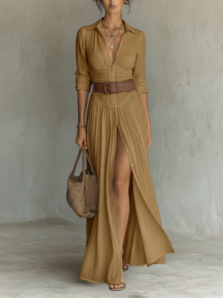 Sophia | Women's Long Linen Maxi Dress with Notched Lapel Collar-Trendy 4 Fit