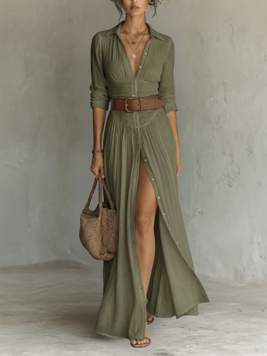 Sophia | Women's Long Linen Maxi Dress with Notched Lapel Collar-Trendy 4 Fit