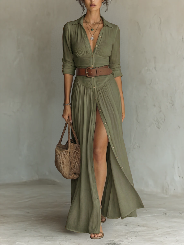 Sophia | Women's Long Linen Maxi Dress with Notched Lapel Collar-Trendy 4 Fit