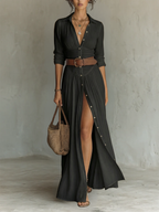 Sophia | Women's Long Linen Maxi Dress with Notched Lapel Collar-Trendy 4 Fit