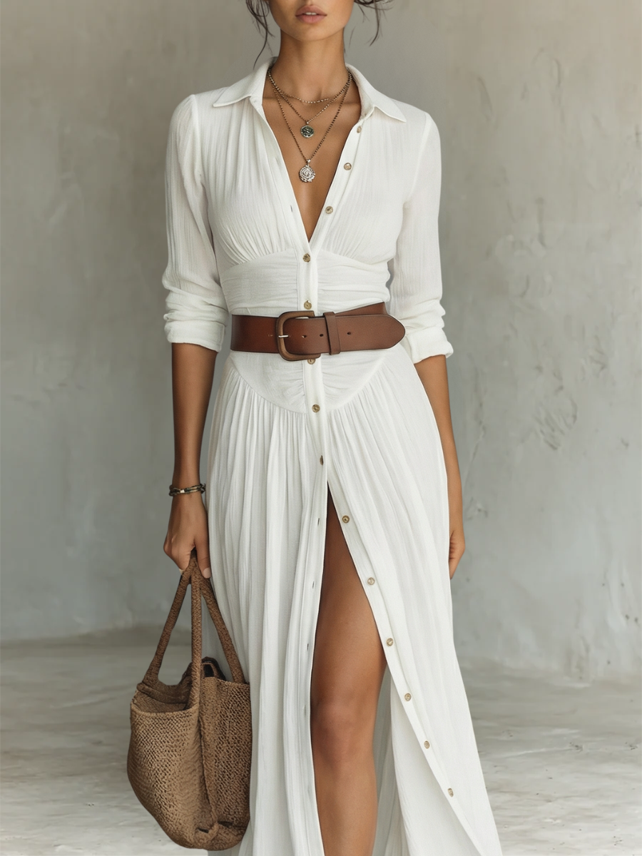 Sophia | Women's Long Linen Maxi Dress with Notched Lapel Collar-Trendy 4 Fit