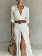 Sophia | Women's Long Linen Maxi Dress with Notched Lapel Collar-Trendy 4 Fit