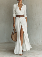 Sophia | Women's Long Linen Maxi Dress with Notched Lapel Collar-Trendy 4 Fit
