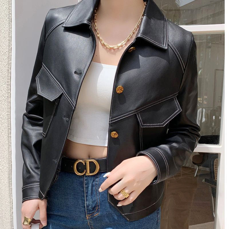 Women's Contrast-Stitch Leather Jacket