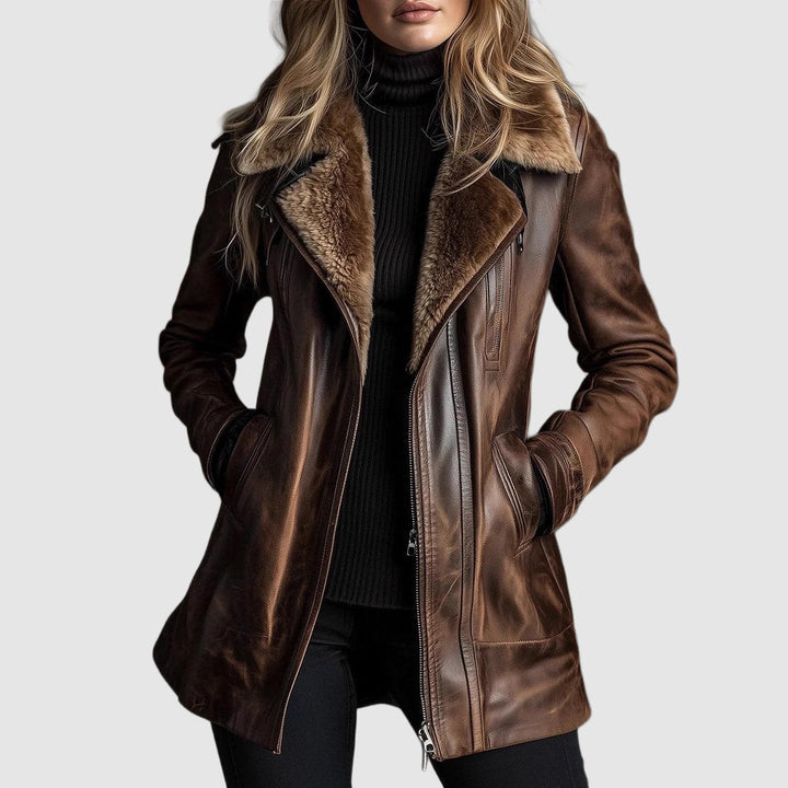 Women's Leather Zip Jacket with Shearling Collar and Welt Pockets