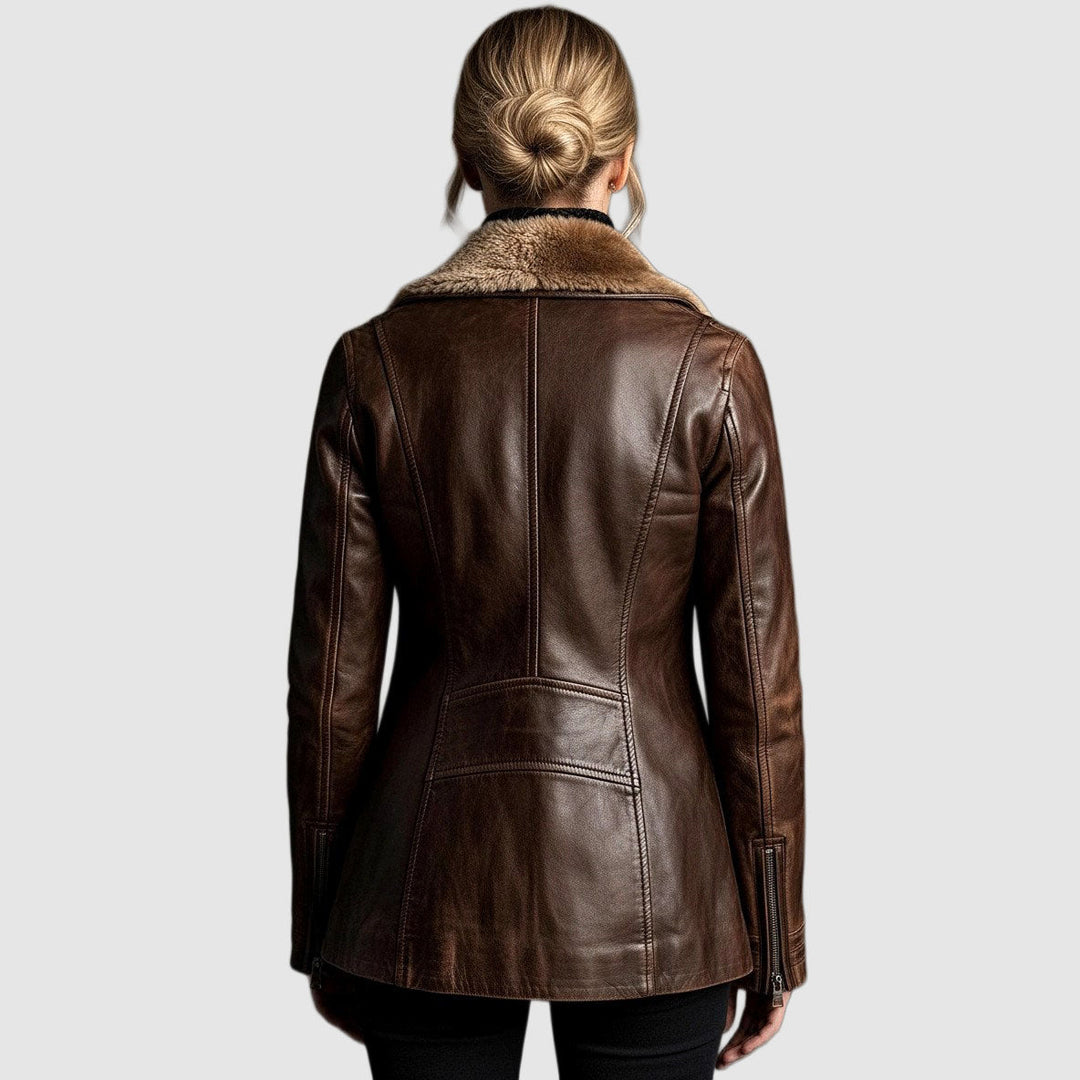 Women's Leather Zip Jacket with Shearling Collar and Welt Pockets