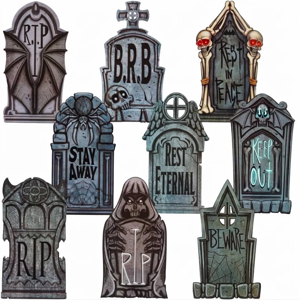 Halloween's 9 PCS 16 Inch Plastic Tombstones with Metal Stakes for Yard Decor