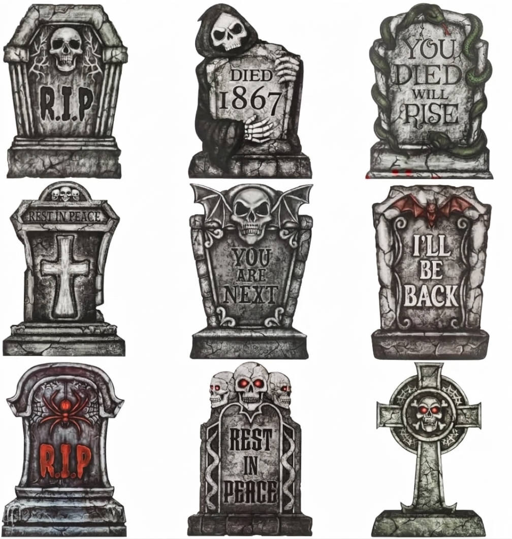 Halloween's 9 PCS 16 Inch Plastic Tombstones with Metal Stakes for Yard Decor