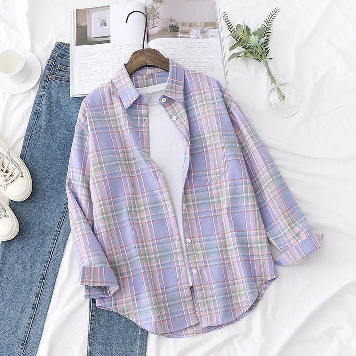 Women's Casual Cotton Long Sleeve Flannel Plaid Shirt for Women