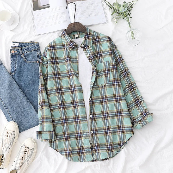 Women's Casual Cotton Long Sleeve Flannel Plaid Shirt for Women