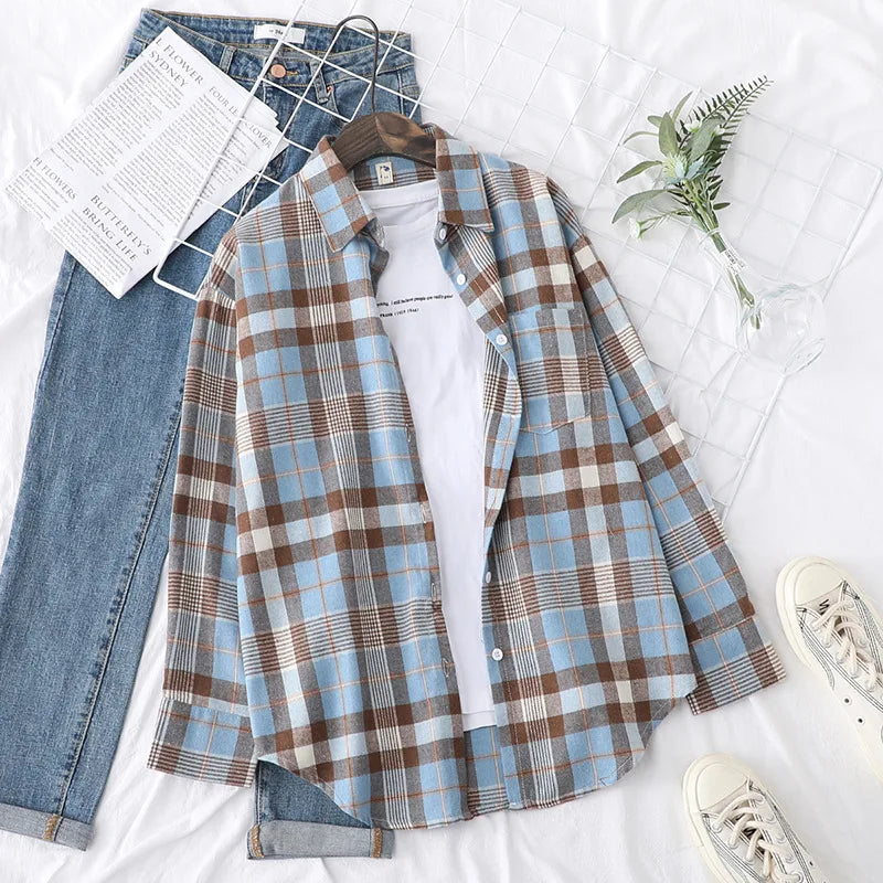 Women's Casual Cotton Long Sleeve Flannel Plaid Shirt for Women