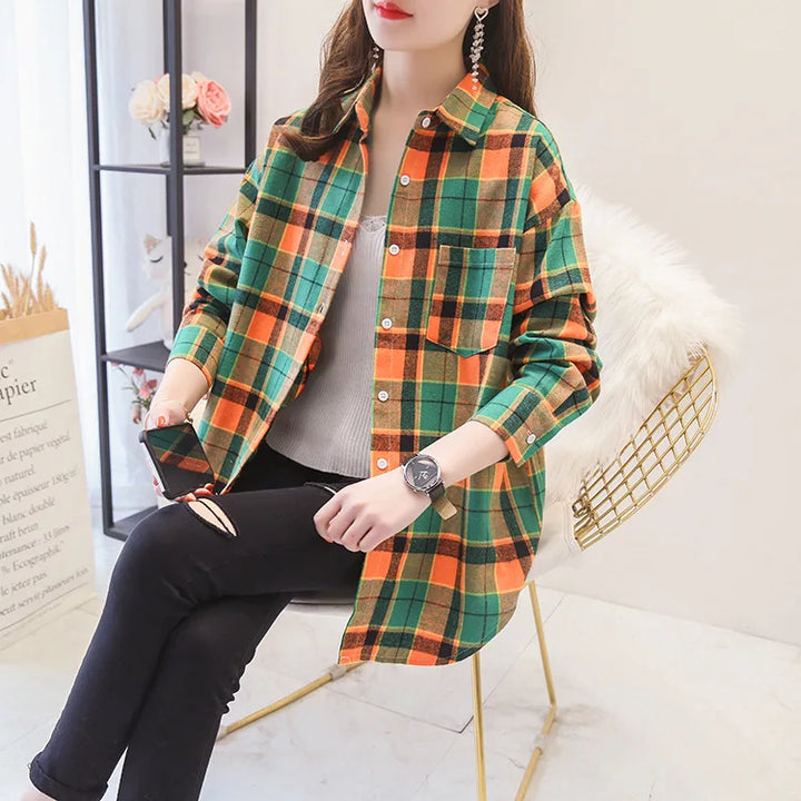 Women's Casual Cotton Long Sleeve Flannel Plaid Shirt for Women