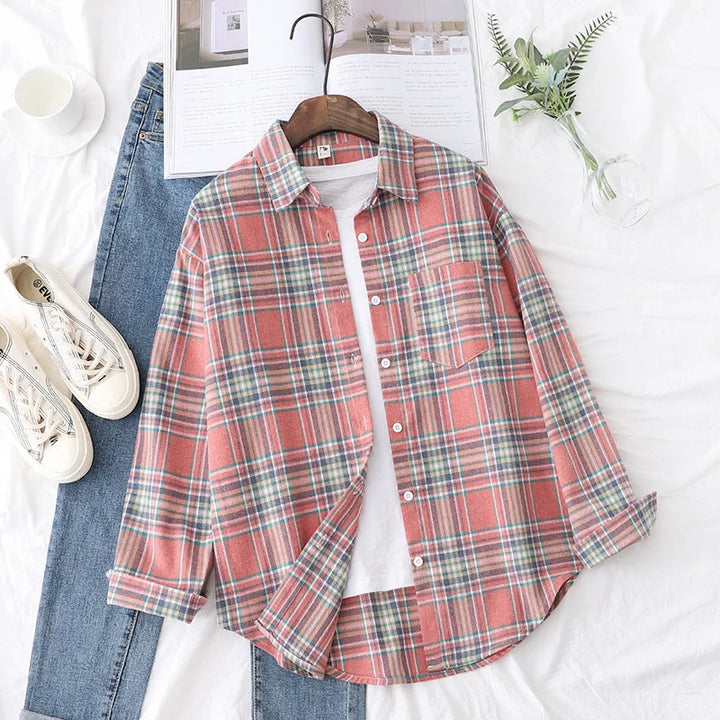Women's Casual Cotton Long Sleeve Flannel Plaid Shirt for Women