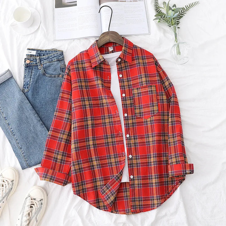 Women's Casual Cotton Long Sleeve Flannel Plaid Shirt for Women