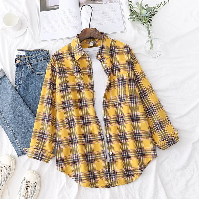 Women's Casual Cotton Long Sleeve Flannel Plaid Shirt for Women