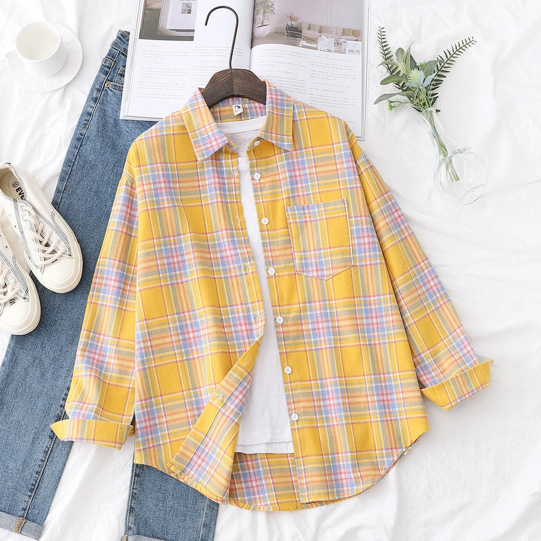 Women's Casual Cotton Long Sleeve Flannel Plaid Shirt for Women