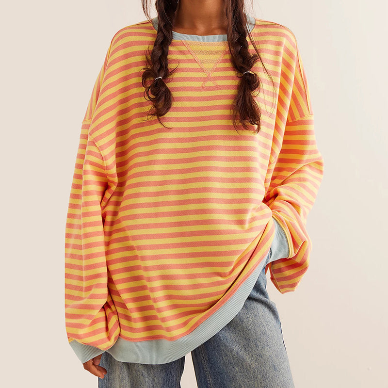 Women's Striped Crewneck Sweatshirt with Ribbed Contrast Trim