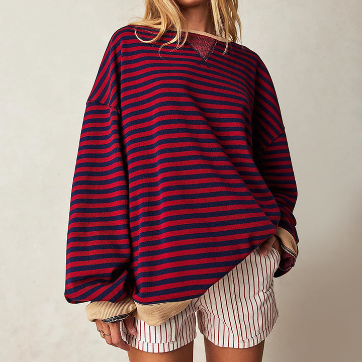 Women's Striped Crewneck Sweatshirt with Ribbed Contrast Trim