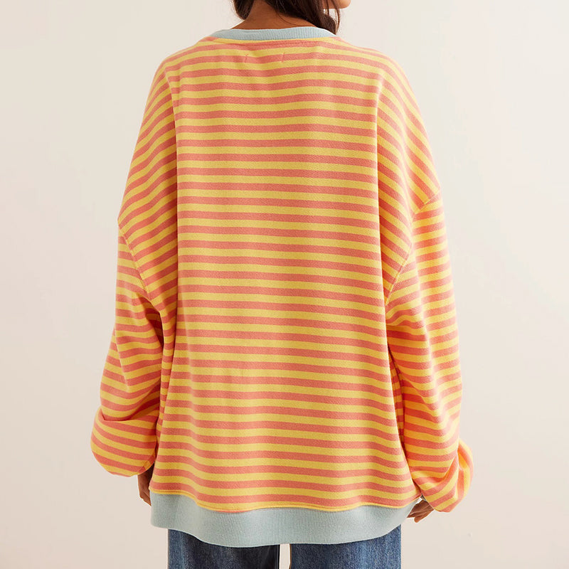 Women's Striped Crewneck Sweatshirt with Ribbed Contrast Trim