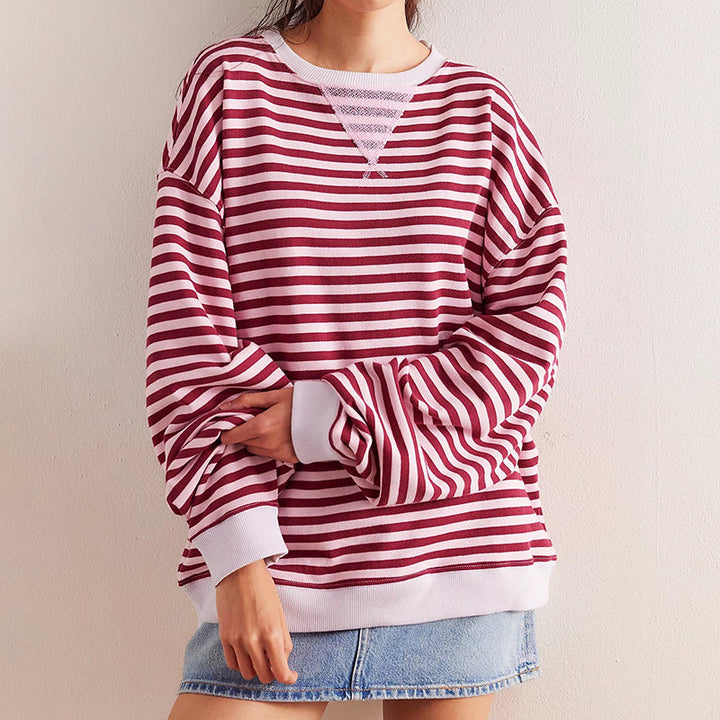 Women's Striped Crewneck Sweatshirt with Ribbed Contrast Trim