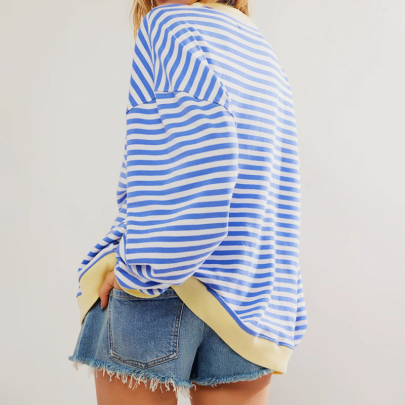 Women's Striped Crewneck Sweatshirt with Ribbed Contrast Trim