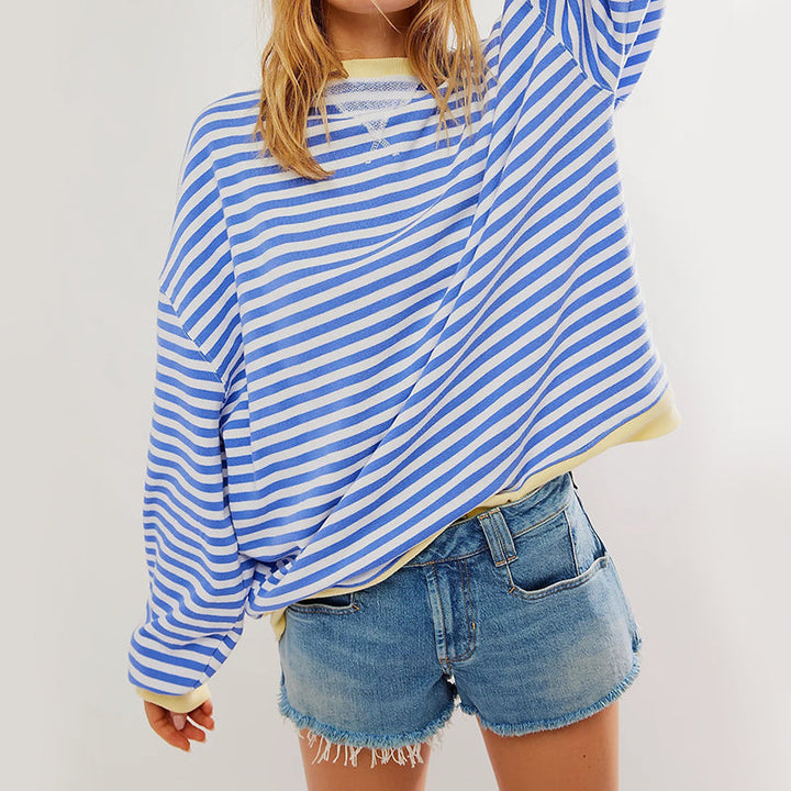 Women's Striped Crewneck Sweatshirt with Ribbed Contrast Trim