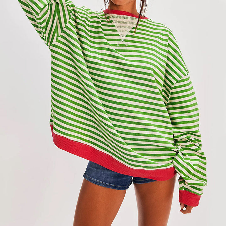 Women's Striped Crewneck Sweatshirt with Ribbed Contrast Trim