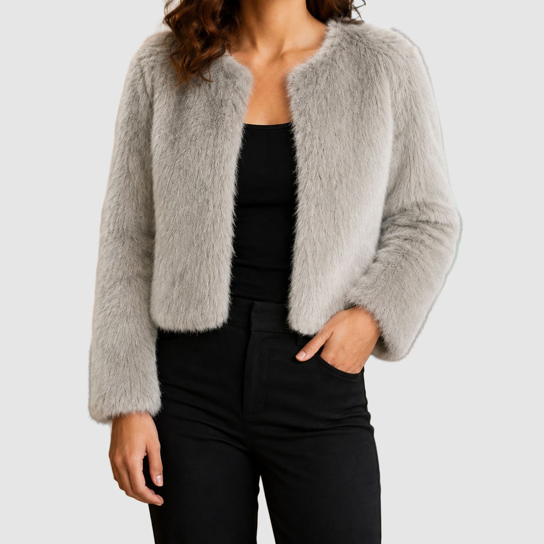 Women's Cropped Faux-Fur Jacket with Open Front Design