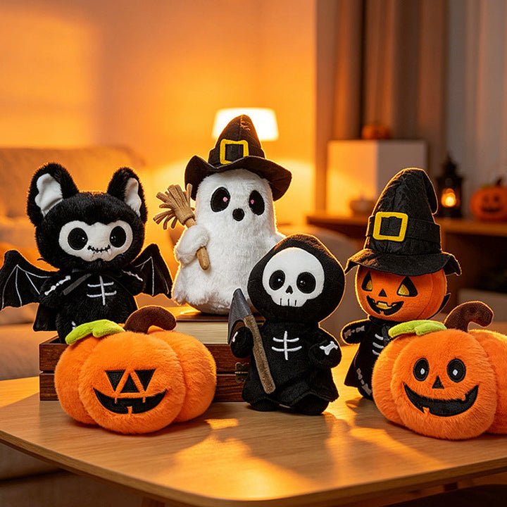 Halloween's Soft Plush Characters with Embroidered Faces & Designs