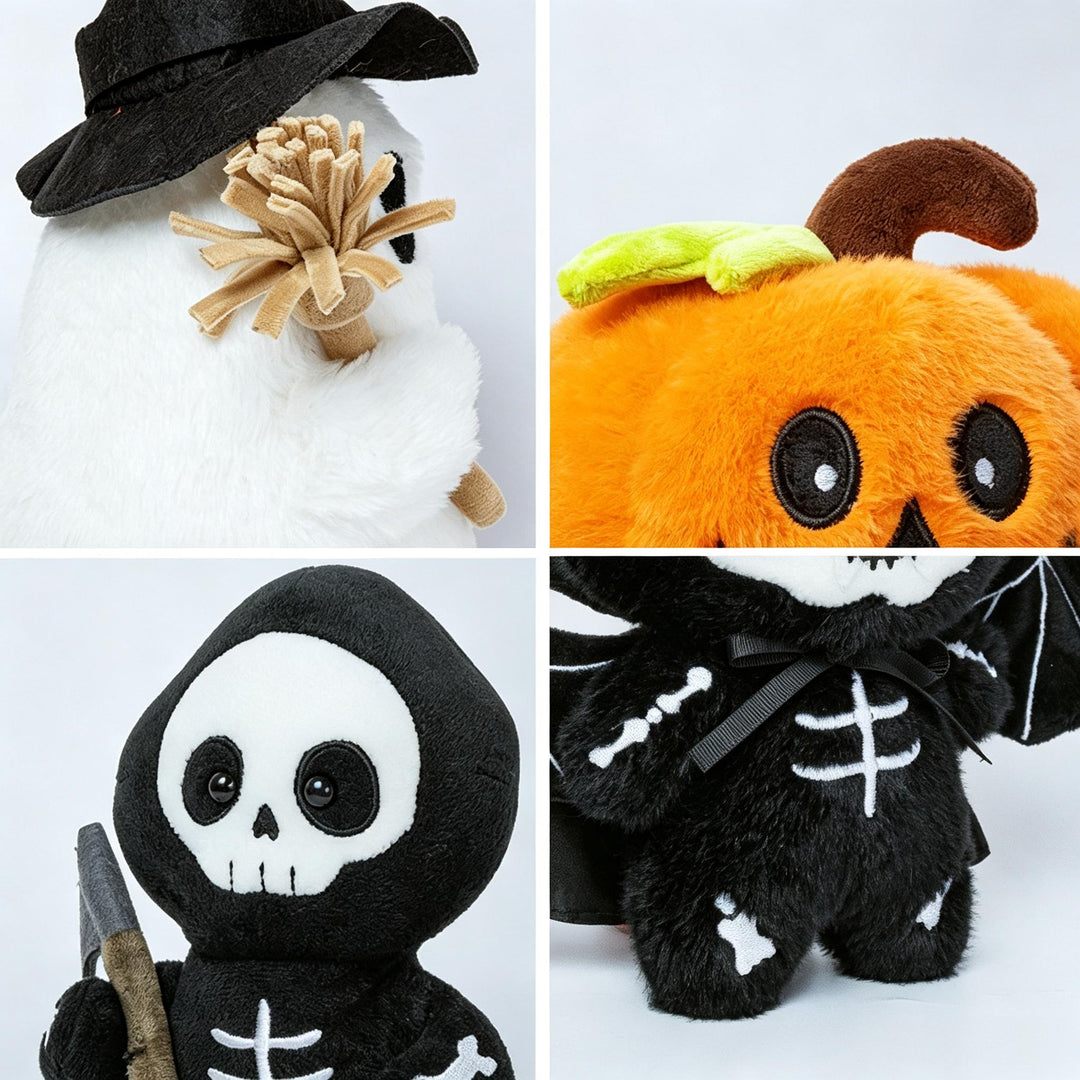 Halloween's Soft Plush Characters with Embroidered Faces & Designs