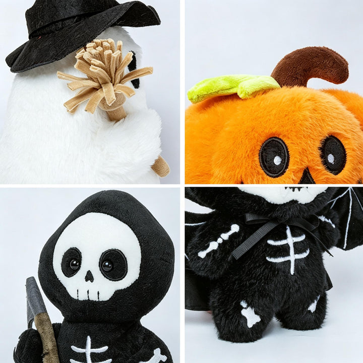 Halloween's Soft Plush Characters with Embroidered Faces & Designs
