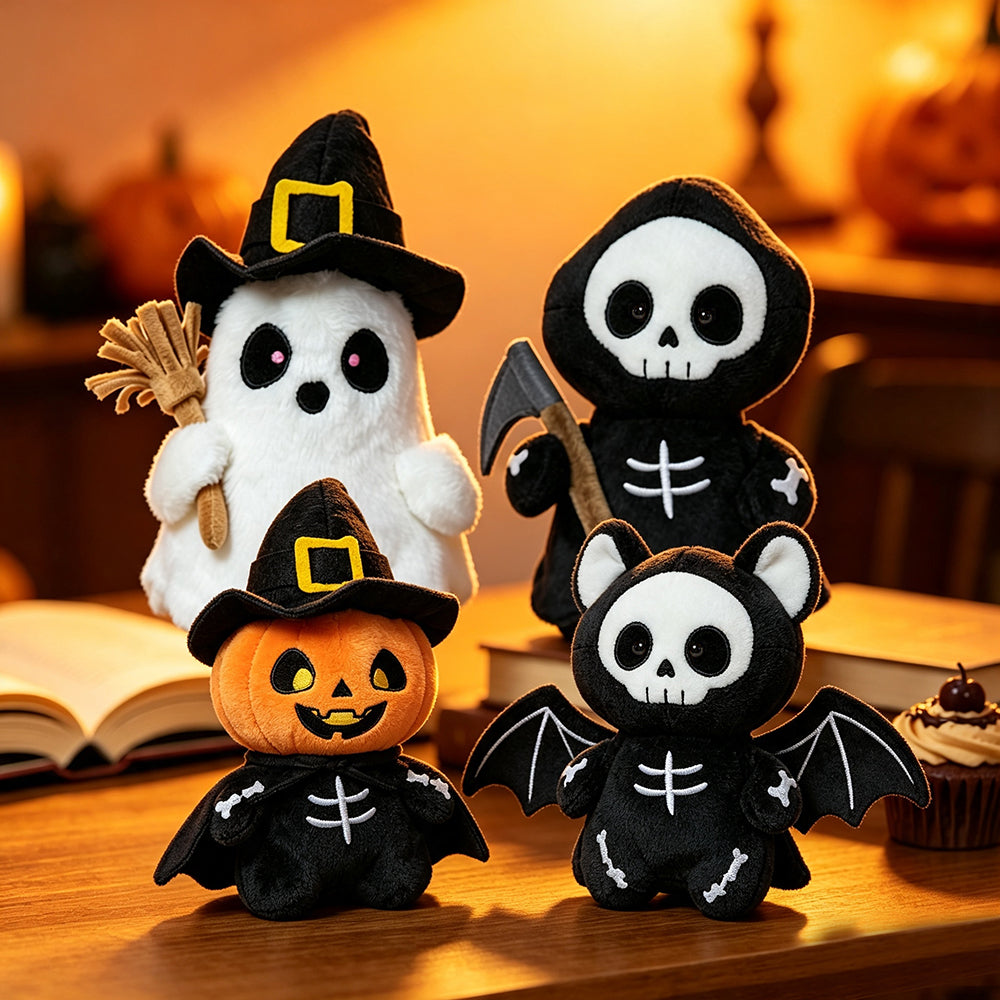 Halloween's Soft Plush Characters with Embroidered Faces & Designs