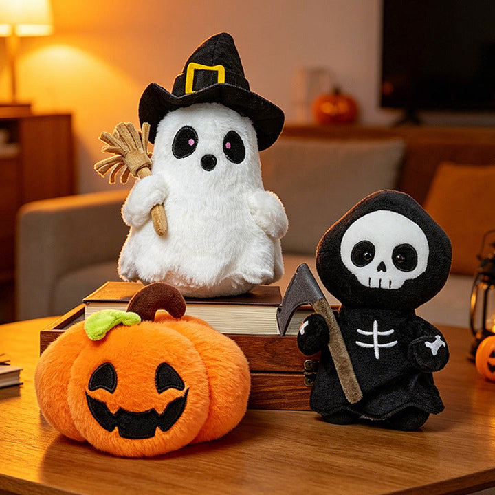 Halloween's Soft Plush Characters with Embroidered Faces & Designs
