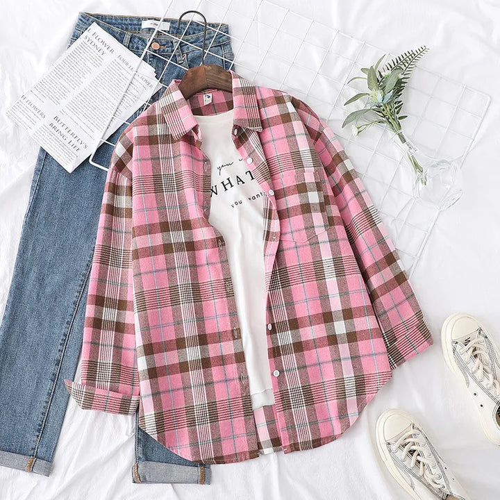 Women's Casual Cotton Long Sleeve Flannel Plaid Shirt for Women