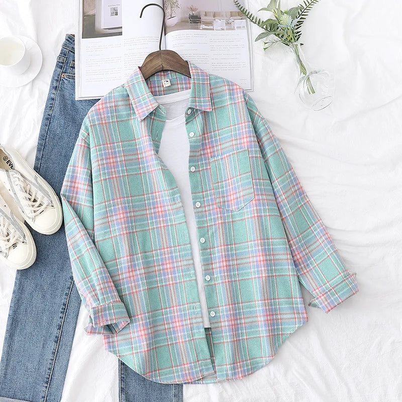 Women's Casual Cotton Long Sleeve Flannel Plaid Shirt for Women