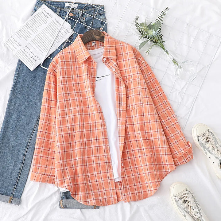 Women's Casual Cotton Long Sleeve Flannel Plaid Shirt for Women