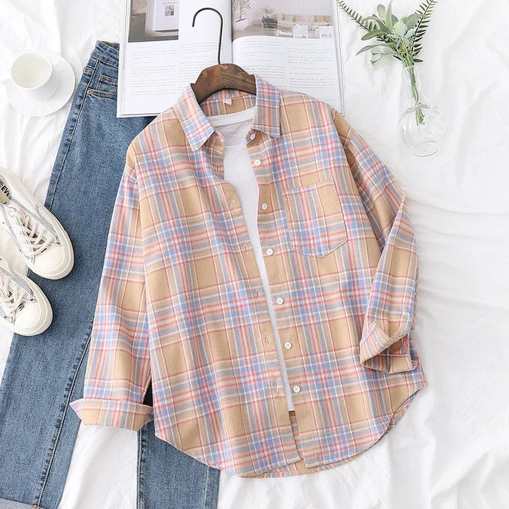 Women's Casual Cotton Long Sleeve Flannel Plaid Shirt for Women