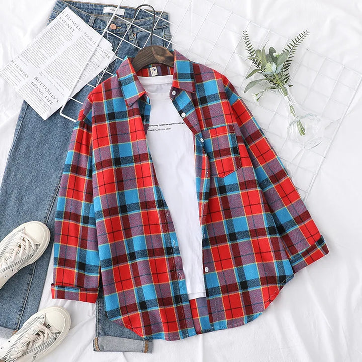 Women's Casual Cotton Long Sleeve Flannel Plaid Shirt for Women