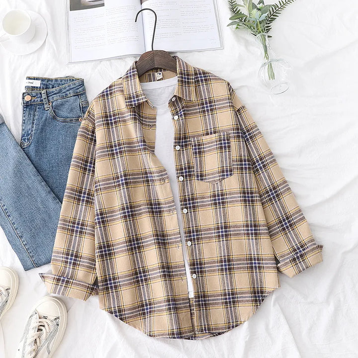 Women's Casual Cotton Long Sleeve Flannel Plaid Shirt for Women