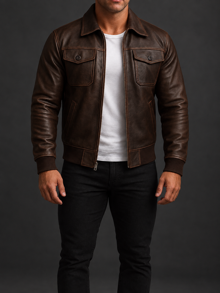 Men's Zip-Front Leather Jacket with Ribbed Trim