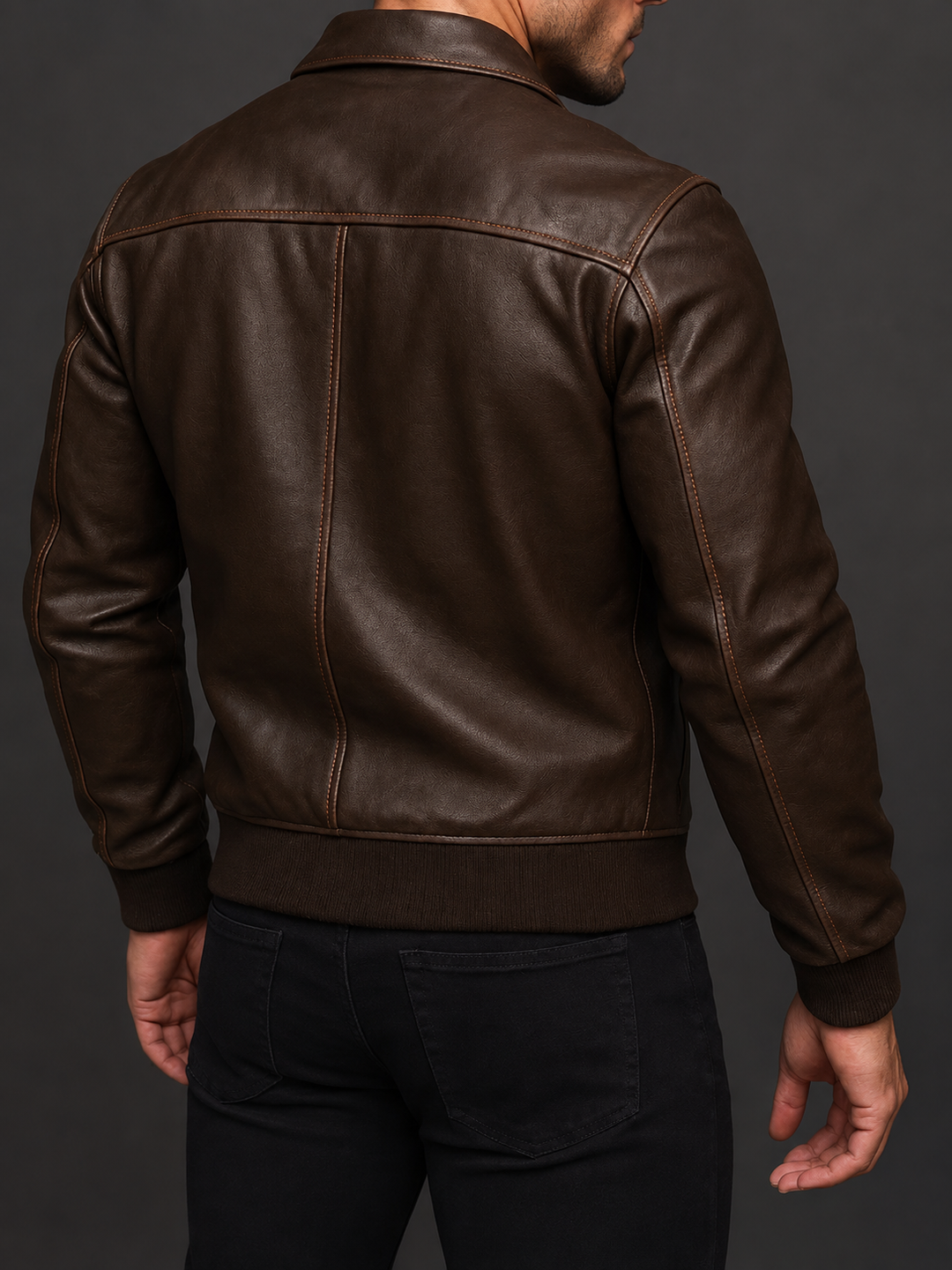 Men's Zip-Front Leather Jacket with Ribbed Trim