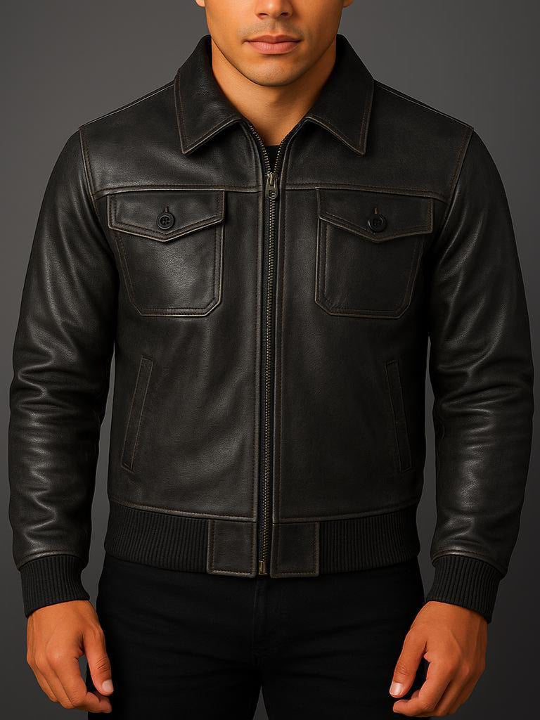 Men's Zip-Front Leather Jacket with Ribbed Trim