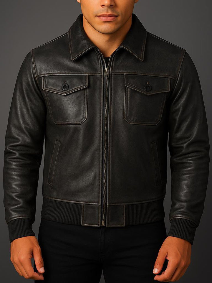 Men's Zip-Front Leather Jacket with Ribbed Trim
