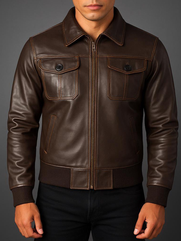 Men's Zip-Front Leather Jacket with Ribbed Trim